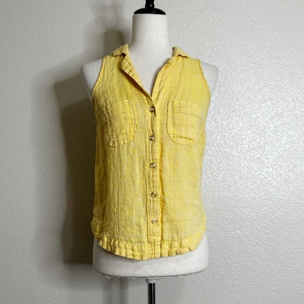 Anthropologie Maeve Linen Blend Yellow Sleeveless Button Down Shirt, Size 2